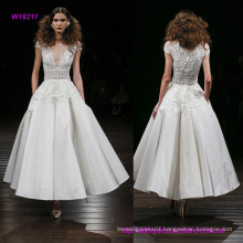 Silk Faille Tea Length Wedding Dress with Embroidered Peplum Bodice